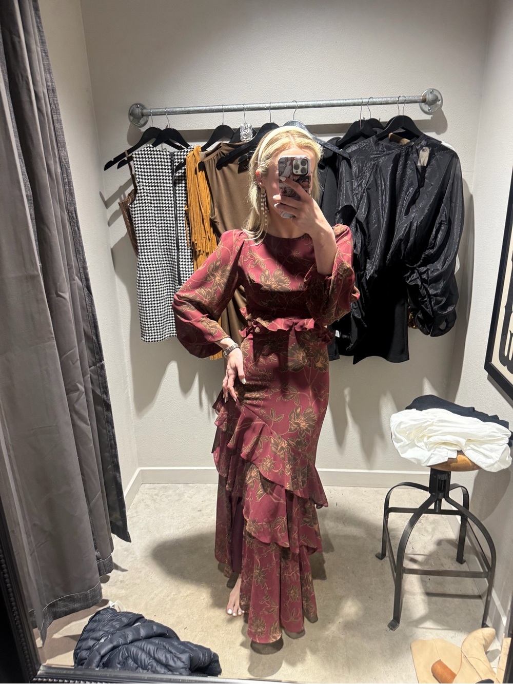 Astr Burgundy Floral Ruffle Maxi Dress